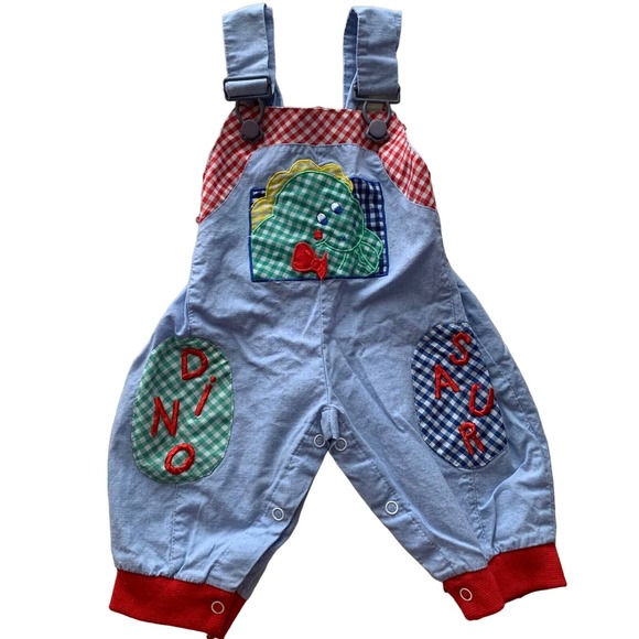 Dinosaur 0-6 Months Denim Baby Overalls Checkered Plaid 90s Vintage - Picture 1 of 8